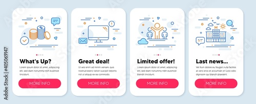 Set of Business icons, such as Computer, Winner, Banking money symbols. Mobile screen app banners. Hotel line icons. Pc component, Best results, Cash finance. Travel. Computer icons. Vector