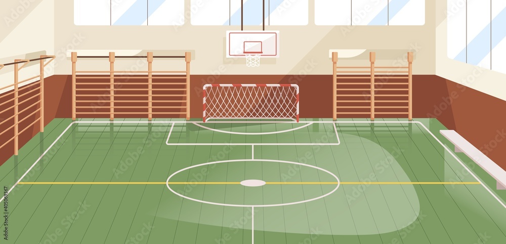 Fototapeta premium Interior of school gym equipped with basketball hoop, goal and wall bars. Indoor sports hall or court with equipment for playing soccer, football and handball. Colored flat vector illustration