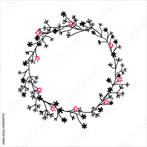 Decorative frame in the form of a circle of flowers and branches. Print for Valentine's Day in doodle style.