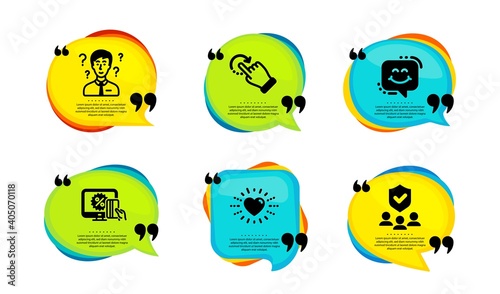 Heart, Rotation gesture and Support consultant icons simple set. Speech bubble with quotes. Online shopping, Smile chat and Security agency signs. Love, Undo, Question mark. Vector