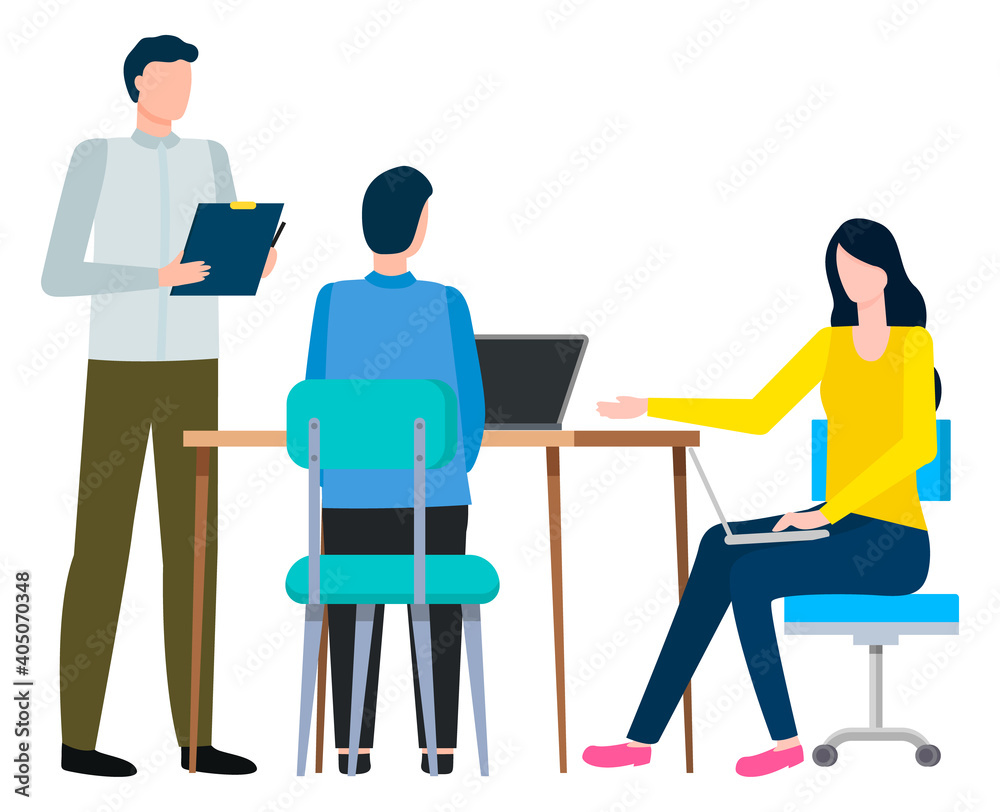 Conversation of people at work, appointment with colleagues. Boss standing near employees and talking about business strategy. Guy typing on laptop keyboard. Vector illustration in flat style Conversation of people at work, appointment with colleagues. Boss standing near employees and talking about business strategy. Guy typing on laptop keyboard. Vector illustration in flat style