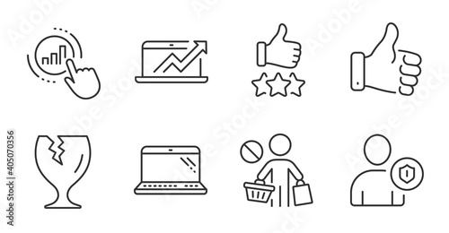 Security, Like hand and Laptop line icons set. Stop shopping, Graph chart and Sales diagram signs. Fragile package, Rating stars symbols. Person protection, Thumbs up, Computer. Business set. Vector