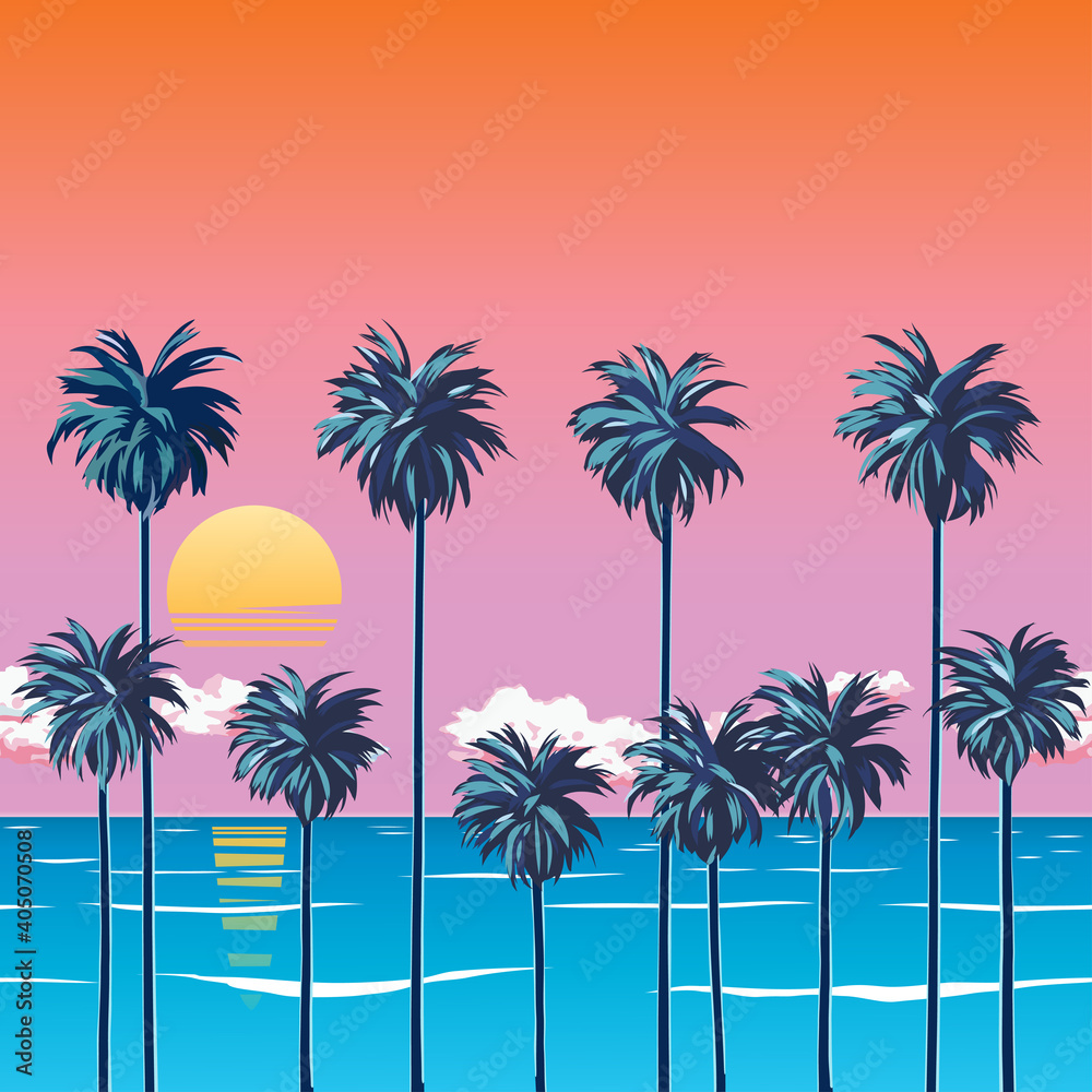 Sunset on the beach with palm trees, turquoise ocean and orange sky with clouds. Sun over the horizon. Tropical backdrop for a summer vacation. Surfing beach. EPS 10 vector illustration