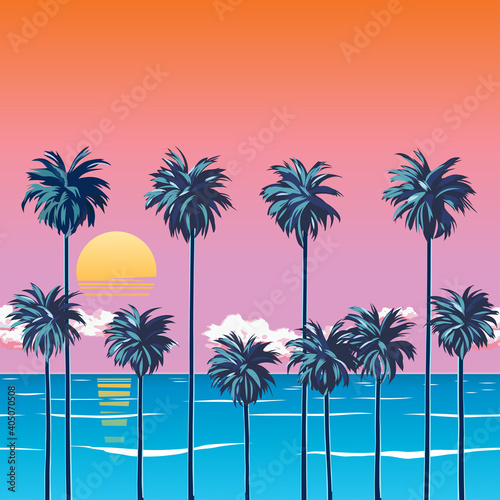 Sunset on the beach with palm trees, turquoise ocean and orange sky with clouds. Sun over the horizon. Tropical backdrop for a summer vacation. Surfing beach. EPS 10 vector illustration © yul1_illustrator