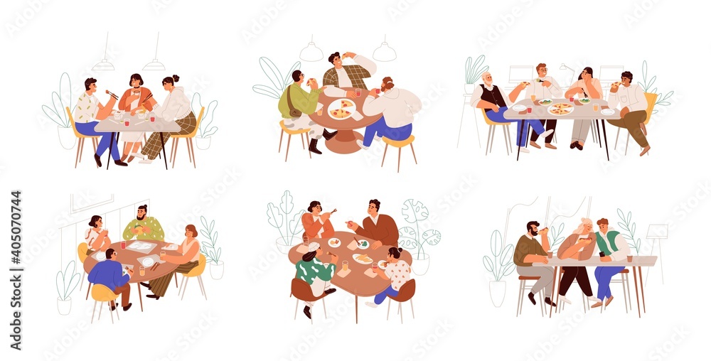 Set of families friends and colleagues sitting at dining table and eating food together. People meeting at breakfast lunch or dinner. Colorful flat vector illustration isolated on white background Sto...