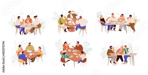 Set of families, friends and colleagues sitting at dining table and eating food together. People meeting at breakfast, lunch or dinner. Colorful flat vector illustration isolated on white background photo