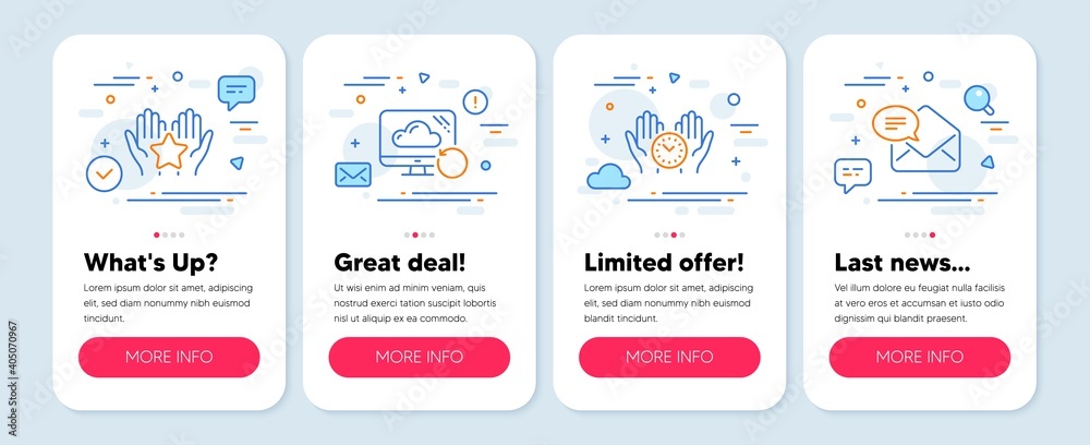 Set of Technology icons, such as Ranking, Recovery cloud, Safe time symbols. Mobile app mockup banners. New mail line icons. Hold star, Backup info, Management. Received e-mail. Ranking icons. Vector
