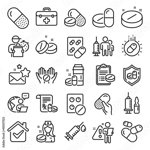 Medical drugs line icons. Healthcare, Prescription and Pill signs. Pharmacy drugs, medical nurse, recipe pill icons. Antibiotic capsule, syringe vaccination, medicine cure. Line icon set. Vector