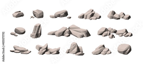 Set of large and small heavy polygonal stones. Collection of cobblestone piles. Compositions of natural solid rocks. Monochrome vector illustration of gray boulders isolated on white background