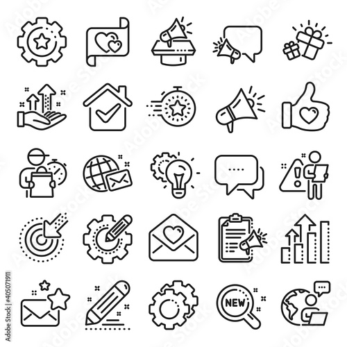 Brand social project line icons. Business strategy, Megaphone and Representative. Influence campaign, social media marketing, brand ambassador icons. Innovation, gift, like sign. Line icon set. Vector