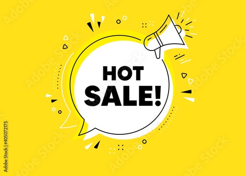 Hot Sale. Megaphone yellow vector banner. Special offer price sign. Advertising Discounts symbol. Thought speech bubble with quotes. Hot sale chat think megaphone message. Vector