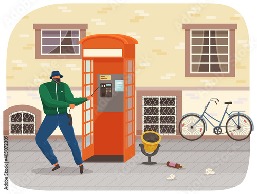 Vandal damaging the telephone booth on the town street. Bandit in mask and hat destroy city property. Street gangsters and vandalism concept. Cartoon vector illustration with a man breaks telephone