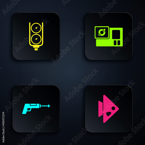 Set Fish, Gauge scale, Fishing harpoon and Action camera. Black square button. Vector.