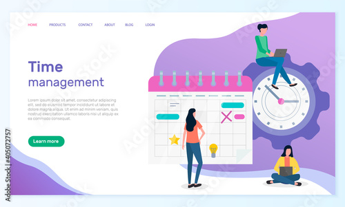 Time management, organizing effective time, planning dates, business meetings, landing page of business website, productive time, productivity, office workers control deadlines, women with laptop