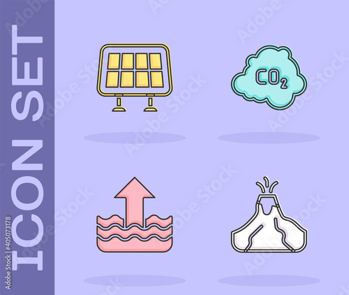 Set Volcano eruption with lava, Solar energy panel, Rise in water level and CO2 emissions cloud icon. Vector.