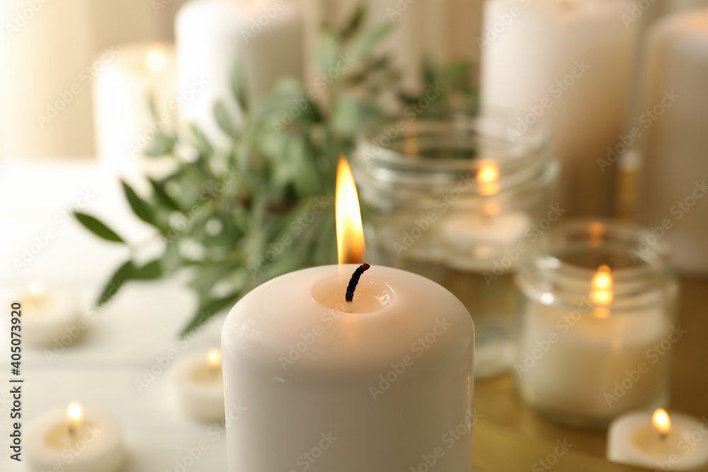 Burning scented candles for relax, close up