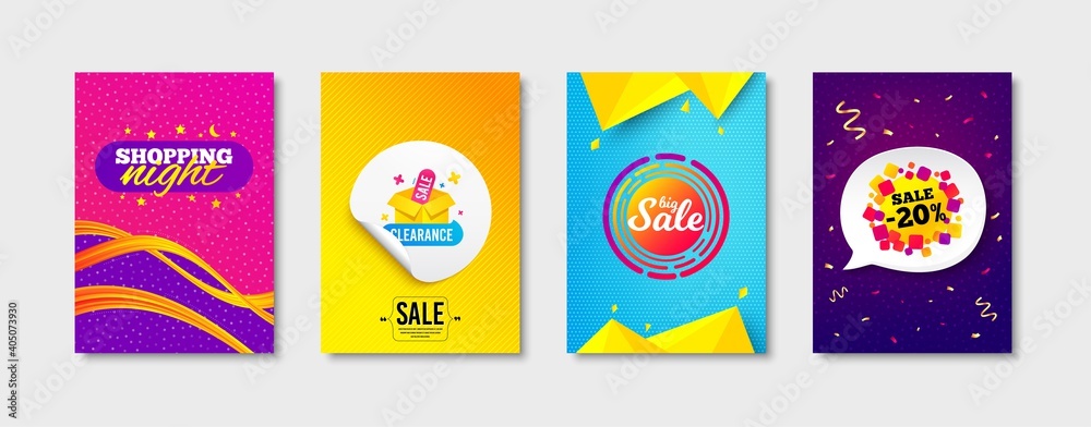 Shopping night, Big sale and Clearance sale promo label set. Sticker template layout. Offer badge, Discount shape, Discount label. Promotional tag set. Speech bubble banner. Vector