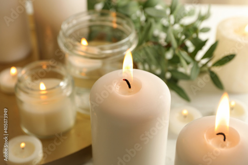 Burning scented candles for relax  close up