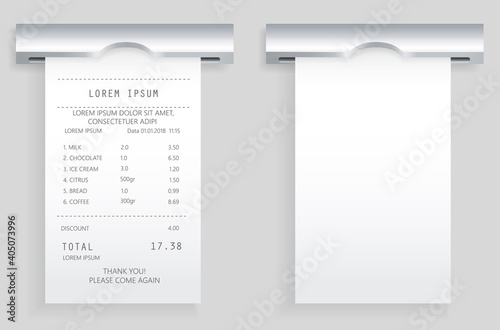 Payment check paper document poked out of cash register. Buying financial invoice bill purchasing calculate pay. Receipt the seller forms at online checkout for transfer to buyer. ATM receipt check