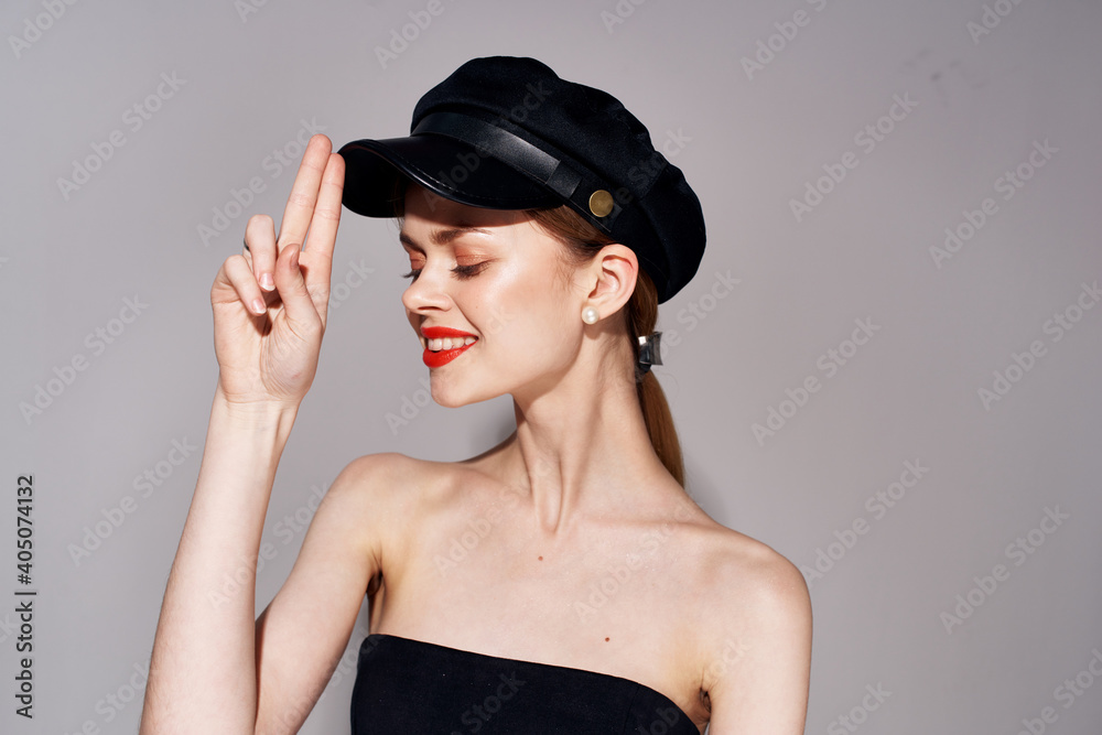 pretty woman in black hat sunglasses evening dress close-up pretty woman in black hat sunglasses evening dress close-up
