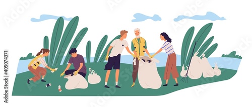 People cleaning shore by collecting garbage into trash bags. Family of eco volunteers working together and picking plastic litter. Parents and children care about nature. Flat vector illustration