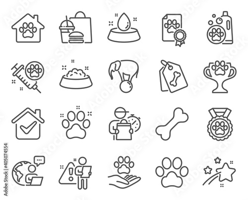Animals icons set. Included icon as Dog paw, Pets care, Dog feeding signs. Pet tags, Pet shampoo, Water bowl symbols. Winner cup, Elephant on ball line icons. Pets, Shelter. Line icons set. Vector