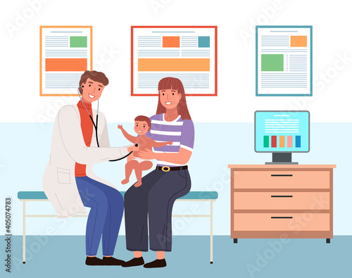Mom holds son during consultation with a doctor. Pediatrician with stethoscope working with little patient. Family at the appointment with the therapist in hospital. Man checks the health of child