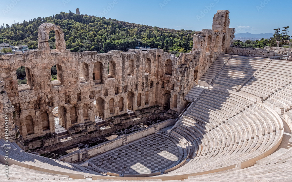 Herodeion ancient open theatre and Athens city's panoramic view, Greece
