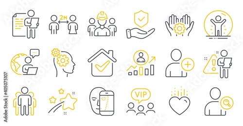 Set of People icons, such as Face biometrics, Job interview, Thoughts symbols. Engineering team, Add user, Vip clients signs. Social distancing, Group, Insurance hand. Heart, Find user. Vector