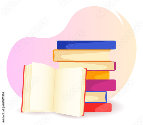 Stack of books and open book in front. Reading, studying concept. Isolated vector illustration in cartoon style.