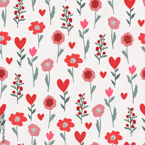 Valentine's day seamless pattern background with flowers and hearts, bohemian Valnetine's day collection. Love Digital paper for scarpbooking, fabric, textile, wallpaper, stationery design.