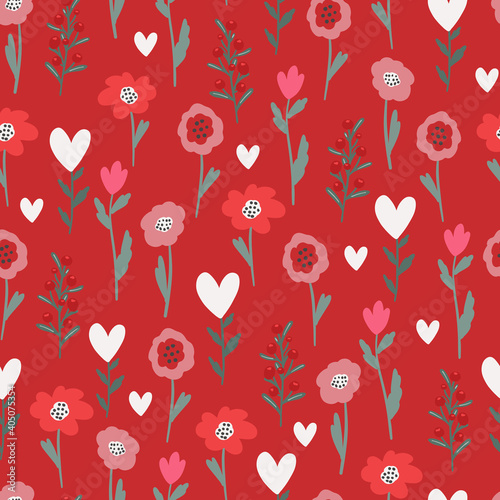 Valentine's day seamless pattern background with flowers and hearts, bohemian Valnetine's day collection. Love Digital paper for scarpbooking, fabric, textile, wallpaper, stationery design.