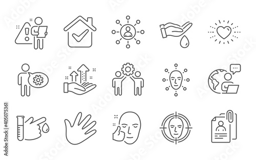 Hand, Heart and Analysis graph line icons set. Cogwheel, Employees teamwork and Wash hands signs. Interview documents, Healthy face and Face biometrics symbols. Blood donation, Networking. Vector