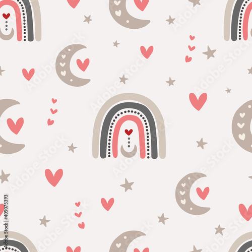 Valentine’s Day digital paper, seamless pattern background with modern boho rainbows and eyes for fabric, stationery, scrapbooking, wrapping paper