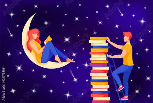 Woman seating on the crescent moon and reading, man on the ladder taking a book. Reading, studying concept. Vector illustration in cartoon style.