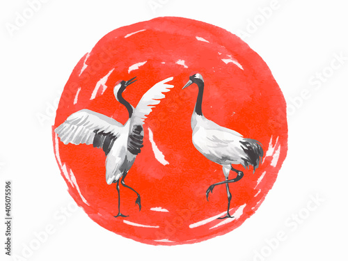 Japan traditional sumi-e painting. Fuji mountain, crane, sunset. Japan sun. Indian ink illustration. Japanese picture on rice paper. Vector drawing.