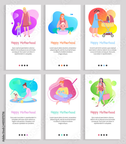 Happy motherhood mom with kiddo vector, child and mother pushing perambulator, small baby playing with mommy, lady wearing dress walking family. Website or slider app, landing page flat style