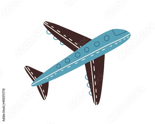 Side view of cute flying plane isolated on white background. Hand drawn blue airplane. Toy of air transport. Colored flat graphic vector illustration