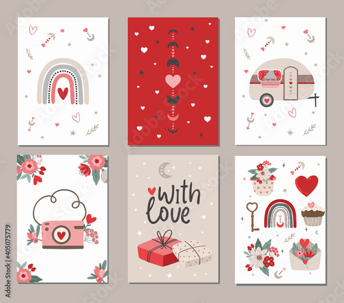 Set of Valentine's day greeting cards with hand written greeting lettering in modern bohemian style. Boho Happy Valentine's day concept, boho rainbow, moon and stars