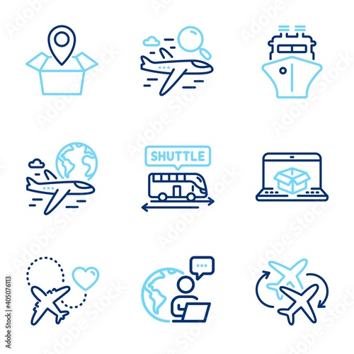 Transportation icons set. Included icon as Honeymoon travel, Online delivery, Package location signs. International flight, Connecting flight, Shuttle bus symbols. Ship line icons. Vector