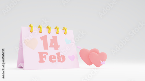 3D illustration rendering. Concept the love and valentine day. The 14 February calendar and two heart isolated on white background.