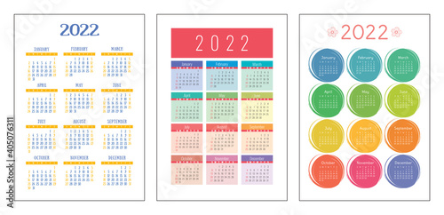 Calendar 2022 year set. Vector pocket or wall calender template collection. Week starts on Sunday. January, February, March, April, May, June, July, August, September, October, November, December