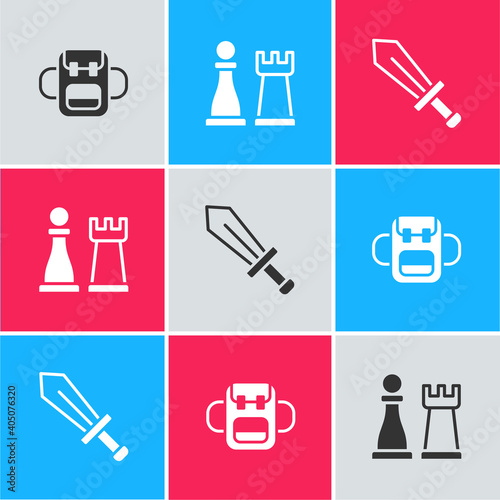 Set School backpack, Chess and Sword for game icon. Vector.