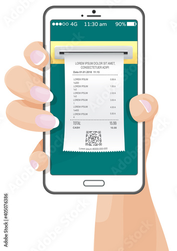Bills online payment flat isometric vector concept of mobile payment, shoping, banking. Electronic notification of invoice payment. woman s hand holding a smartphone with a check on the screen