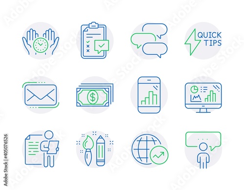 Education icons set. Included icon as Quickstart guide, Payment, Job interview signs. Messenger mail, Creativity, Safe time symbols. World statistics, Checklist, Analytics graph. Vector