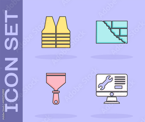 Set Computer monitor service, Safety vest, Putty knife and Bricks icon. Vector.