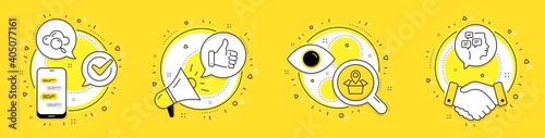 Package location, Cloud computing and Like hand line icons set. Cell phone, megaphone and deal vector icons. Messages sign. Delivery tracking, Search data, Thumbs up. Notifications. Vector