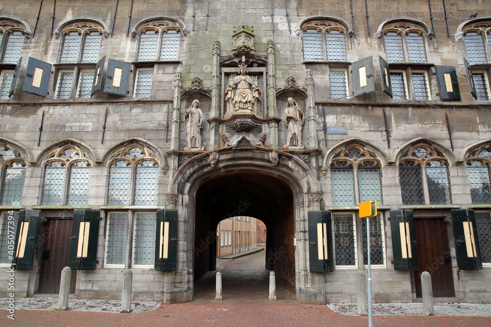 Gistpoort, the gothic access gate to the Abbey (Abdij) of Middelburg, Zeeland, Netherlands, with its impressive carvings