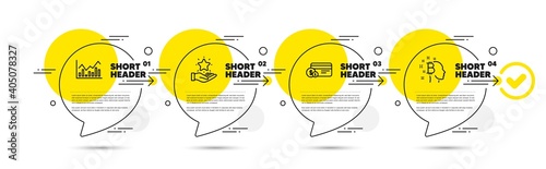 Loyalty program, Payment method and Infochart line icons set. Timeline infograph speech bubbles. Bitcoin think sign. Bonus star, Cash or non-cash payment, Stock exchange. Cryptocurrency head. Vector