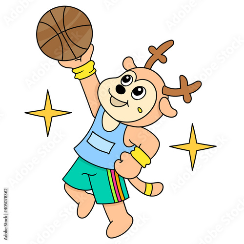 cartoon deer playing basketball sport with happy laughing face, doodle icon image